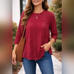 LOFT Lace Blouse Womens XS Red Crochet Floral Short Sleeve Sheer Top Boho.